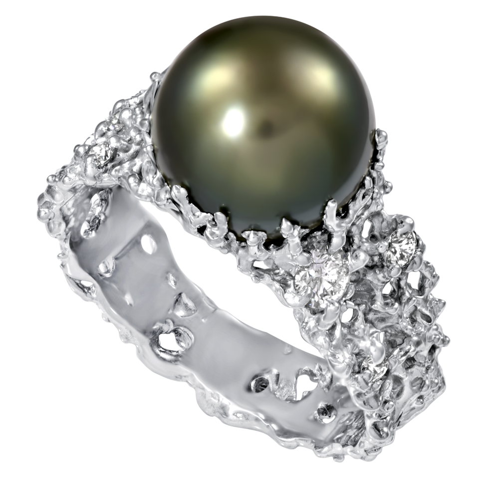 Beach Pearl & Diamond Ring White Gold