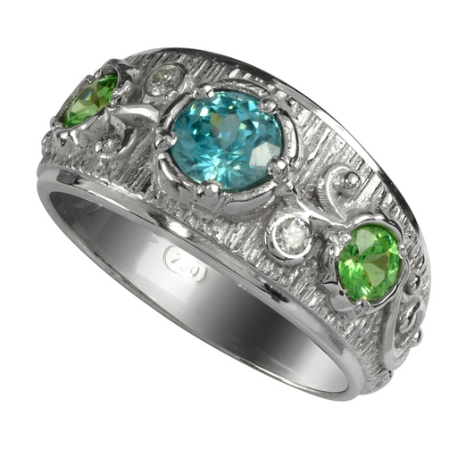 Bark Ring Scrolls Blue Zircon & Tsavorite Garnets 